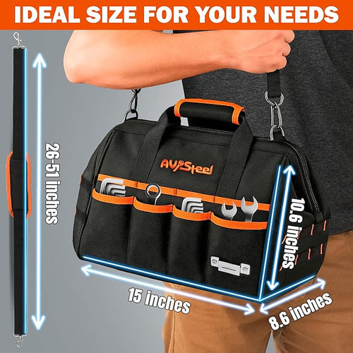15 Inch Tool Bag with 16 Pockets Foldable Close Top Wide Mouth Tool Bag Organizer with Handle & Padded Adjustable Strap, Heavy Duty, Waterproof