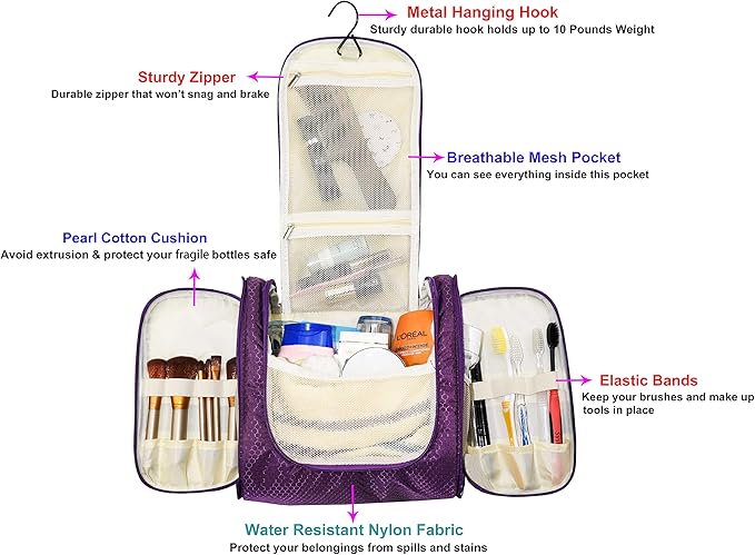 Hanging Toiletry Bag Extra Large Capacity | Premium Travel Organizer Bags For Men And Women | Durable Waterproof Nylon Bathroom, Shower, Makeup Bag For Toiletries, Cosmetics, Brushes