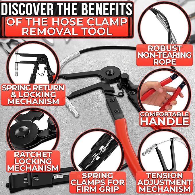 Radiator Hose Clamp Pliers Automotive – Corrosion-Resistant Hose Clamp Tool with Non-Slip Polymer Coating, Tension & Ratchet Locking Mechanisms – Reliable, Easy to Use, Time-Saving for Car Repairs