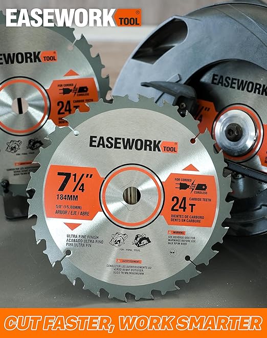 EASEWORK 7-1/4 Inch Circular Saw Blade, 24T, 5/8" Arbor, ATB Carbide Teeth, 10-Pack, Fast Crosscutting for Softwood & Hardwood, Fits SKIL 5280-01, DEWALT DCS570B, DCS577B, DWA171424