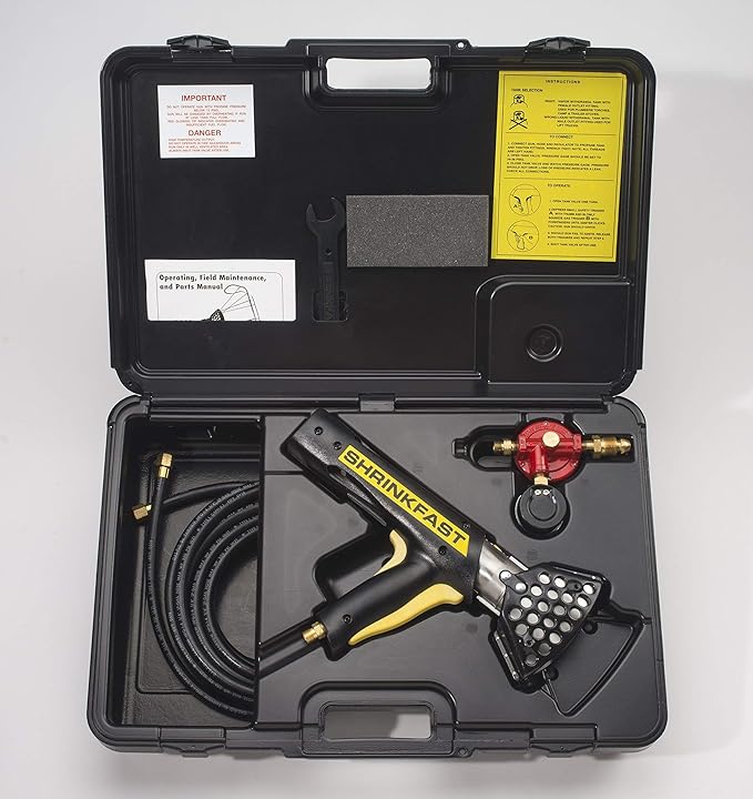Shrinkfast 998 Propane Heat Gun, 200000 BTU, Ready to Use with 25' Hose, Regulator, Wrench, Hard Case, 2' Angled Extension, and Shrink Film Knife Made in the USA