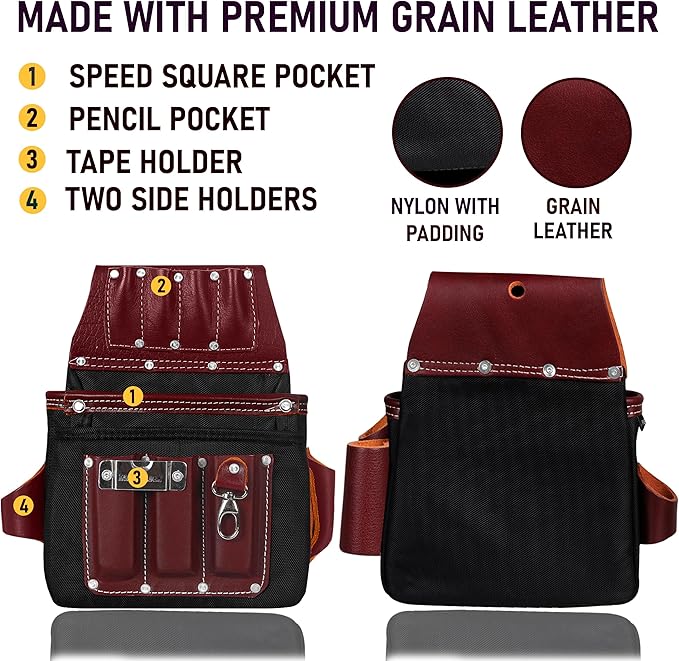 FUERI Tool Belt With Suspender Men Carpenter Pouches Construction Bags Electrician Belts Framer Worker Pouch Bag Holder Organizer 26 Pocket Nylon Leather Black Professional Set - Medium