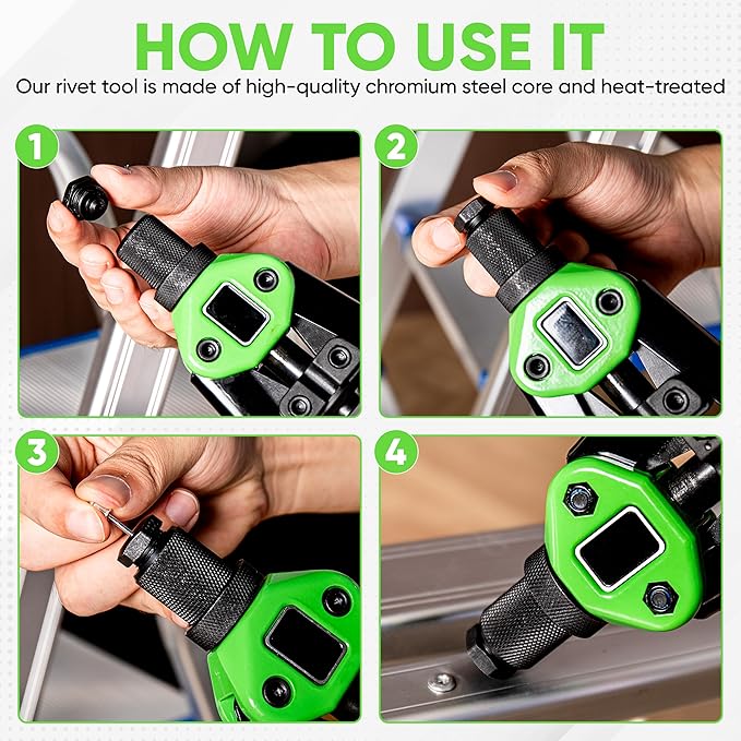 Dual Function Hand Rivet Gun with Rugged Carrying Case – Heavy Duty Single Hand Riveter with 400+ pcs Rivet Nuts, 15 Mandrels, 5 Rivet Nozzles, Blind Rivets for Plastic, Wood, Metal, Leather