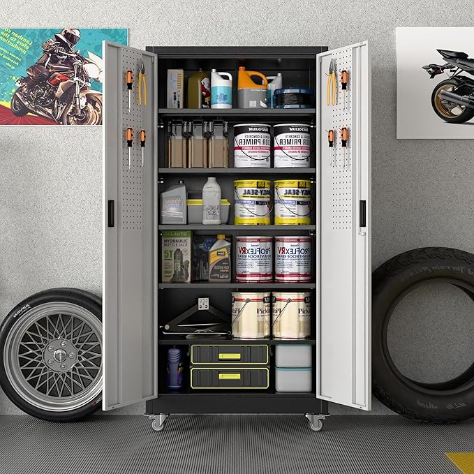 Aobabo 71" H×32" W×16" D Metal Storage Cabinet with Wheels, Garage Steel Storage Cabinet with 5 Adjustable Shelves and 4 Hooks for Home Office,Kitchen, Black Silver,Assembly Required