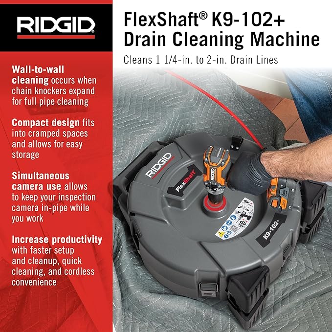 RIDGID 76193 FlexShaft K9-102+ Drain Cleaning Machine for 1 1/4-2" (32-50 mm) Pipes with 50' (15,2 m) 1/4" (6 mm) Cable and Kit