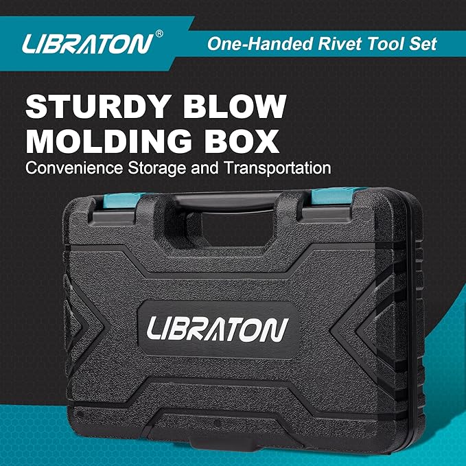 Libraton One-Handed Rivet Gun, Pop Rivet Gun Set, Professional Hand Riveter, Manual Riveting Tool with 200 Rivets for Metal, Includes 4 Drill Bits, 4 Tool-Free Interchangeable Heads, Storage Case