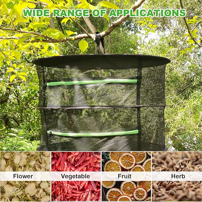 1.5ft Herb Drying Rack Net Mesh with Green Zippers Hydroponics, Bonus Hook Drying Rack for Plant Bud Seed, Mesh Hanging Plant Dry, Herb Dry Net for Garden (4 Layers, Green Zipper)