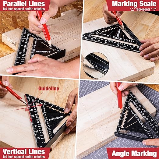Arrow 7-Inch Aluminum Alloy Carpenter Square and 12-Inch Zinc Alloy Combination Square Set, Woodworking Rafter Layout Ruler Tool Combo