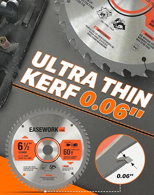 EASEWORK 6-1/2 Inch Circular Saw Blade, 60T, 5/8" Arbor, ATB Carbide Teeth, 3-Pack, Ultra-Fine Finishing for Softwood & Hardwood Crosscutting, Fits DEWALT DCS391B, DCS565B, Makita XSS02Z