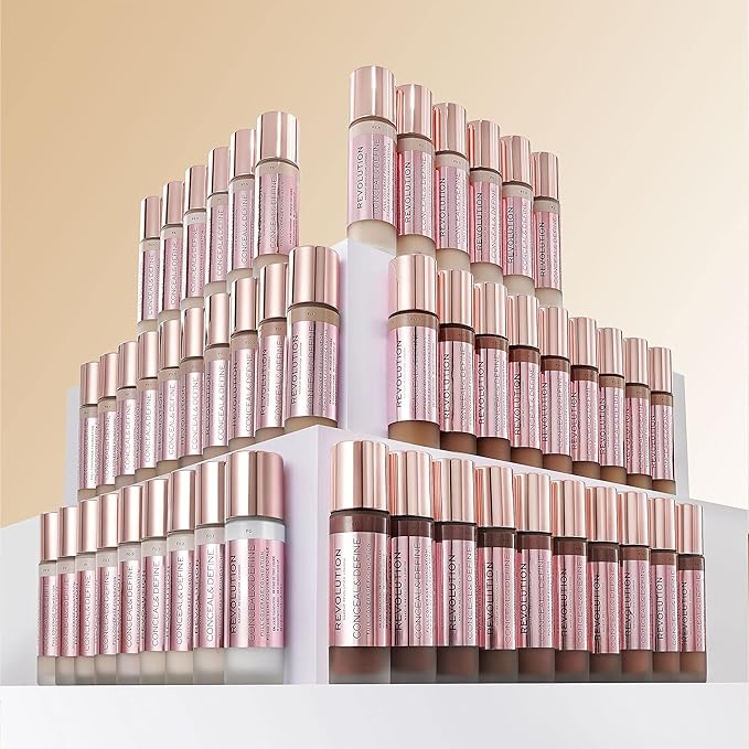 Revolution Beauty, Conceal & Define Foundation, Full Coverage, Long-Lasting Matte Finish, Vegan & Cruelty Free, F8 Light to Medium Skin Tones, 0.8 Fl.Oz.-VeraVaultWomen