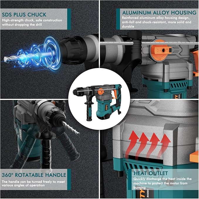 1-1/4 Inch SDS-Plus 13 Amp Heavy Duty Rotary Hammer Drill with Safety Clutch 4 Functions and Variable Speed, Including Chisels and Drill Bits