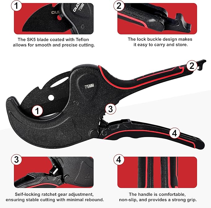 PVC Pipe Cutter Tool, Heavy-Duty PVC Pipe Cutter 3 Inch, 75mm Plastic Pipe Cutter with SK5 Blade and Aluminum Alloy Body, Ratcheting Pipe Cutter and PVC Cutters for PEX, PPR, Hoses and Plumbing Pipes