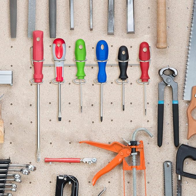 Ripeng Pegboard Screwdriver Holders Peg Board Organizer Accessories Multi Ring Tool Holders Six Tool Multi Tool Organizer Racks for Pegboard, Pliers(Silver, 4 Pieces)