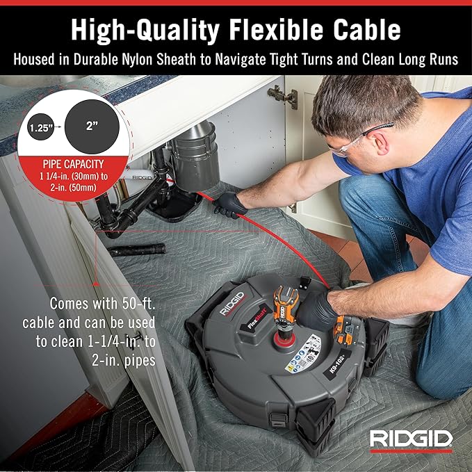 RIDGID 76193 FlexShaft K9-102+ Drain Cleaning Machine for 1 1/4-2" (32-50 mm) Pipes with 50' (15,2 m) 1/4" (6 mm) Cable and Kit