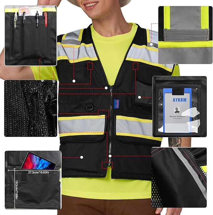 A-SAFETY High Vis Reflective Safety Vest for Men Women Zipper Ipad Pockets Mesh Construction Apparel Neon Vest for Work