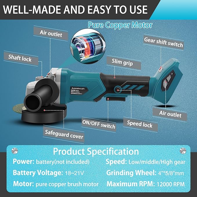 Angle Grinder, 4inch Cordless Angle Grinder, 18V/21V Grinder with 9 Grinding Wheels, 12000RMP Power Grinder Compatible with Makita Battery, Cutting/Deburring Grinder Tool (Battery sold Separately)