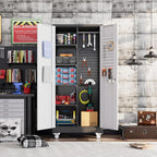71" H Broom Closet Storage Cabinet with Wheels,Rolling Tool Cabinet with Lockable and Magnetic Doors,Adjustable Shelves and Pegboard for Garage Warehouse Home,Required Assembly,Black and White