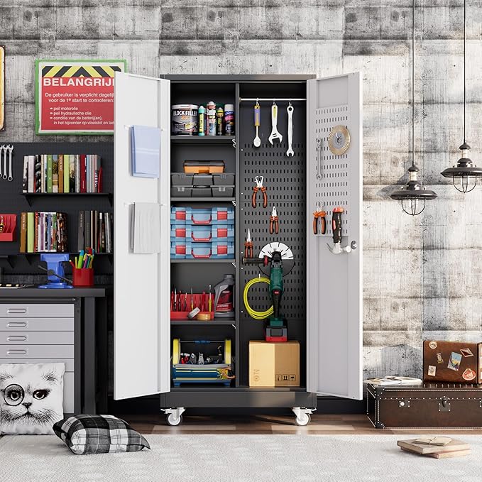 71" H Broom Closet Storage Cabinet with Wheels,Rolling Tool Cabinet with Lockable and Magnetic Doors,Adjustable Shelves and Pegboard for Garage Warehouse Home,Required Assembly,Black and White