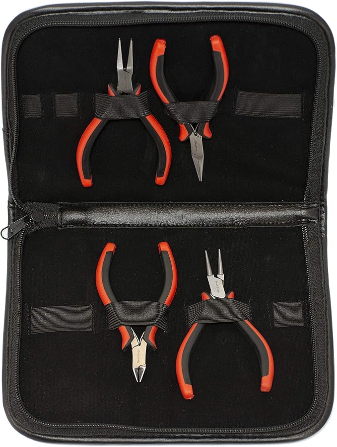 The Beadsmith Ergonomic Pliers Set – Extra Fine Tips – 5 Inches, 4-Pieces: Round Nose, Chain Nose, Flat Nose & Semi-flush Side Cutter – Leatherette Carrying Case Included – Tools for Jewelry Making