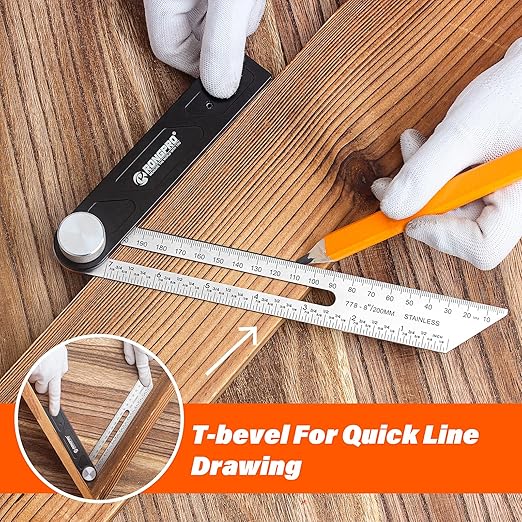10Inch Woodworking Square Ruler and T-Bevel Gauge Set - 1/16" Precision,Sliding T-Bevel and T Measurements Ruler, Aluminum Handle Carpenter Square Layout Tool for Woodworking -Imperial…