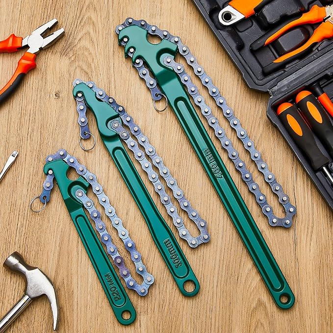 Lasnten 3 Pcs Large Reversible Chain Oil Filter Wrench with 12 16 9 Inch Chain Wrench Adjustable Heavy Duty Carbon Steel Sturdy Pipe Fitting Tool Spanner for Ratcheting Universal(Green)