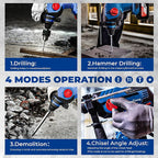 DongCheng 20V Max Cordless Rotary Hammer Drill, 7/8" SDS-Plus, 4 Application Modes, Brushless, 2.1 Joules, Cordless Demolition Hammer for Concrete, Including 4.0Ah Battery and Charger, 4 Drill Bits