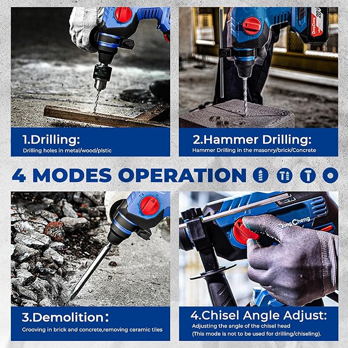 DongCheng 20V Max Cordless Rotary Hammer Drill, 7/8" SDS-Plus, 4 Application Modes, Brushless, 2.1 Joules, Cordless Demolition Hammer for Concrete, Including 4.0Ah Battery and Charger, 4 Drill Bits