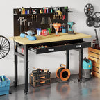 60" Heavy Duty Work Bench with Drawers, Adjustable Height 2000 Lbs Garage Workbench with Pegboard Pad & Power Outlets & Wheels, Mobile Tool Work Table for Workshop Woodworking Home Office