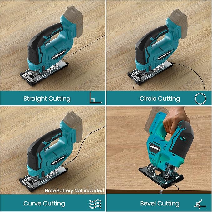 Cordless Jigsaw with LED Work Light, 0°- 45° Bevel Cuts, 3 Orbital Settings for Straight/Curve/Bevel/Circle Cutting (Compatible with Makita 18V Battery)