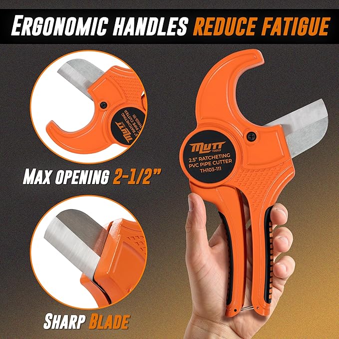 Mutt Tools Professional 2-1/2 Inch PVC Pipe Cutter Tool - Heavy-Duty Ratcheting Pipe Cutter for PVC, CPVC, PEX, ABS Plastic Pipes - Cuts Up to 2.5 Inch Outer Diameter - Plumbing Cutting Tool