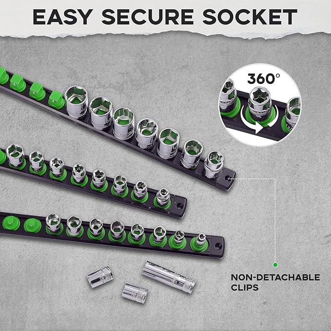 3-Piece Magnetic Socket Organizer, Heavy Duty Aluminum Socket Rails Organizer, 360° Swivel Clips Socket Holder Kit for Tool Box, 1/2, 3/8, 1/4-Inch Socket Holder x 40 Clips (Green)
