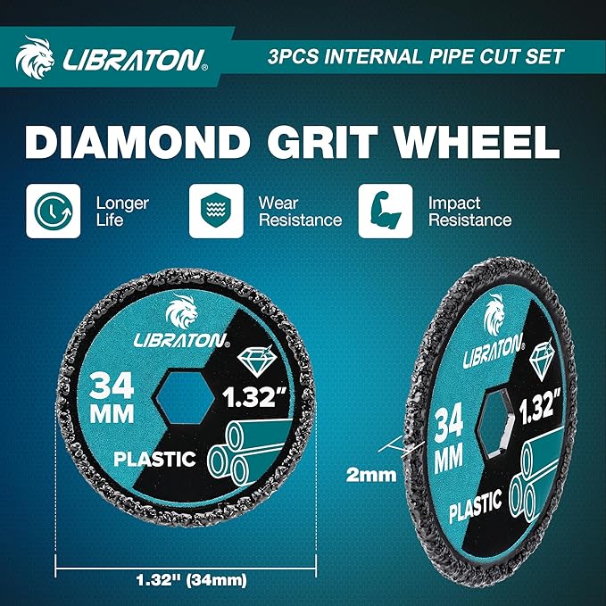 Libraton Inside Pipe Cutter for PVC Pipe, Internal Plastic Cutter Plumbing Tools Set with Deburring Tool, PVC Pipe Cutter Diamond Grit Cutting Wheel for Impact Drivers and Drills, PVC Cutter Tool
