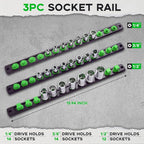 3-Piece Magnetic Socket Organizer, Heavy Duty Aluminum Socket Rails Organizer, 360° Swivel Clips Socket Holder Kit for Tool Box, 1/2, 3/8, 1/4-Inch Socket Holder x 40 Clips (Green)