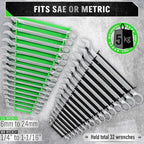 SWANLAKE GARDEN TOOLS Magnetic Wrench Organizer 2-Piece, 32-Slot Drawer Storage, SAE (1/4" to 1-1/16"), Metric (6mm to 24mm), Green and Black