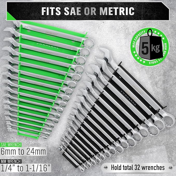SWANLAKE GARDEN TOOLS Magnetic Wrench Organizer 2-Piece, 32-Slot Drawer Storage, SAE (1/4" to 1-1/16"), Metric (6mm to 24mm), Green and Black