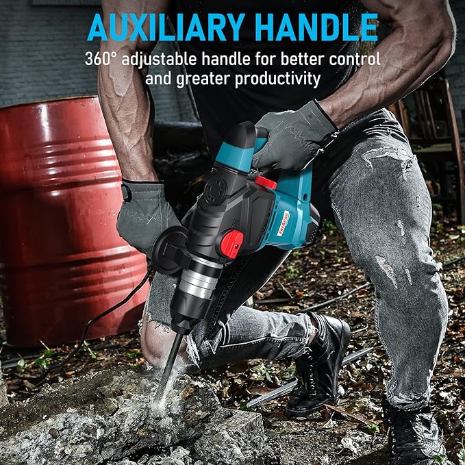 ENEACRO 1-1/4 Inch SDS-Plus 12.5 Amp Heavy Duty Rotary Hammer Drill, Safety Clutch 3 Functions with Vibration Control Including Grease, Chisels and Drill Bits with Case