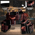 FUERI Tool Belt With Suspender Men Carpenter Pouches Construction Bags Electrician Belts Framer Worker Pouch Bag Holder Organizer 26 Pocket Nylon Leather Black Professional Set - Medium