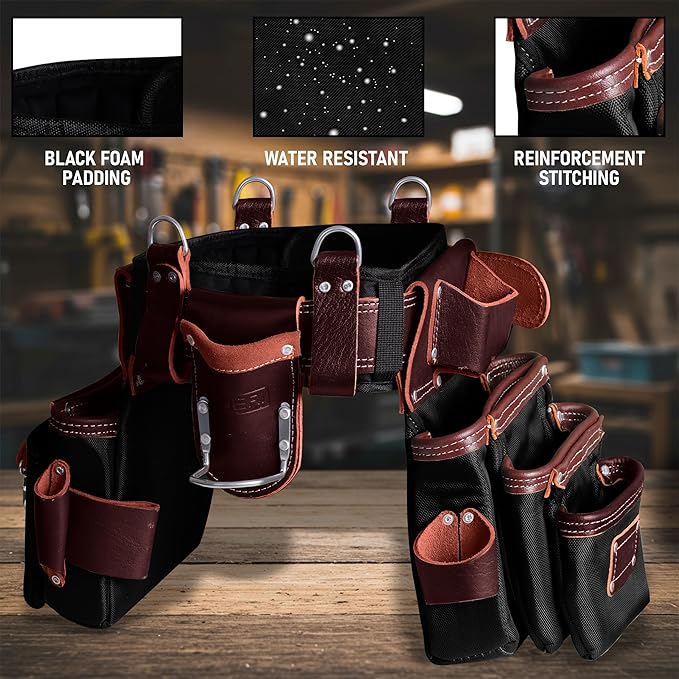 FUERI Tool Belt With Suspender Men Carpenter Pouches Construction Bags Electrician Belts Framer Worker Pouch Bag Holder Organizer 26 Pocket Nylon Leather Black Professional Set - Medium