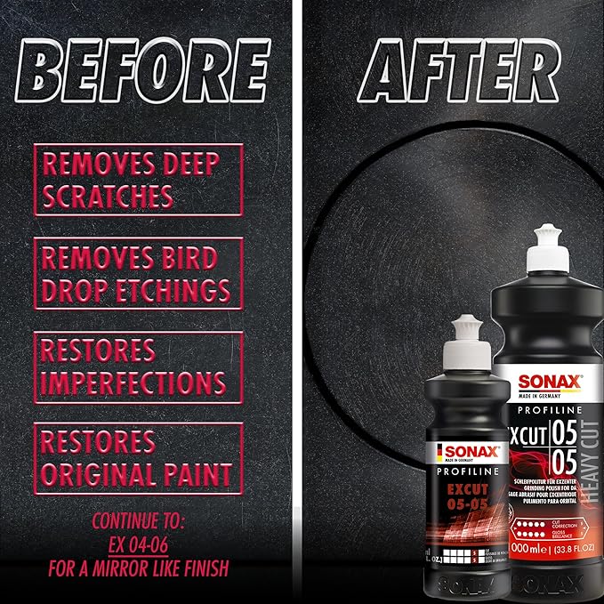 SONAX Profiline ExCut 05-05 | Heavy Cut Compound for Deep Scratch & Swirl Removal | High-Gloss Finish | Removes P1500 Sanding Marks, Scratches & Etching | Silicone-Free & Low Dust | 245300 | 1L