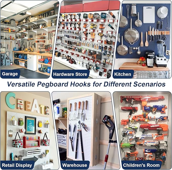 17-in-1 Pegboard Hooks Assortment - 143 Pcs 14 Sizes Peg Board Organizer Accessories Kit with 6 Pegboard Bins, 30 Silicone & 42 Stainless Steel Peg Hook Locks for 1/4" and 1/8" Pegboards Hanging Tools