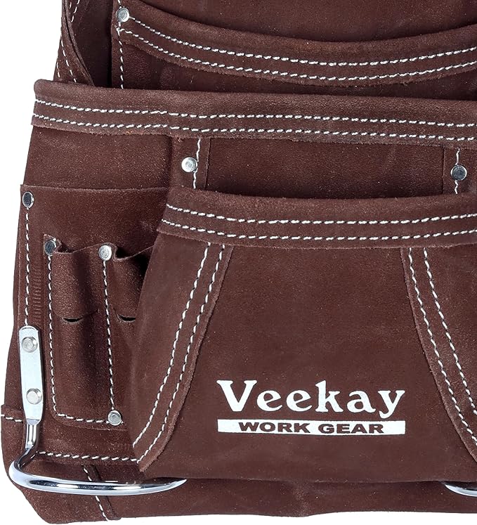 VEEKAY 10 Pockets Men Suede Leather Tool Pouch Beige and Brown Color Bags Fastener Carpenter's Nail & Tool Bag Heavy Duty Steel Hammer Loop, Belt Loop for Electrician Technician Installers