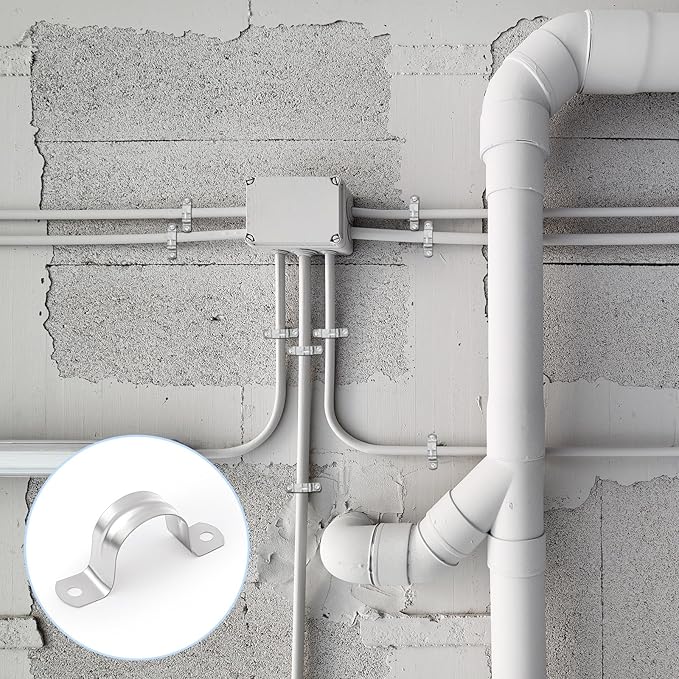 100 Pcs 1 1/4 Inch Pipe Strap Stainless Steel Conduit Clamp Reinforced Rigid 2 Hole U Bracket for Pipe Fixing on Various Surfaces