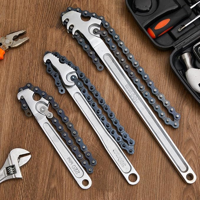 Lasnten 3 Pcs Large Reversible Chain Oil Filter Wrench with 12 16 9 Inch Chain Wrench Adjustable Heavy Duty Carbon Steel Sturdy Pipe Fitting Tool Spanner for Ratcheting Universal(Silver)