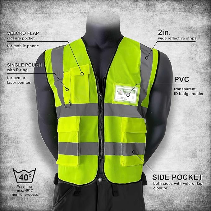 5 Pockets Class 2 High Visibility Safety Vest with Reflective Strips, Pockets Zipper Front Meets
