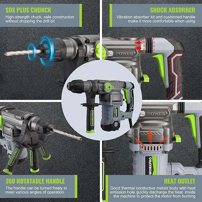 WORKPRO Premium 1-1/4 Inch SDS-Plus Rotary Hammer Drill, 12.5AMP, Heavy Duty Corded Version for Concrete Demolition Chipping Rotomartillo, 5 SDS-Plus Bits