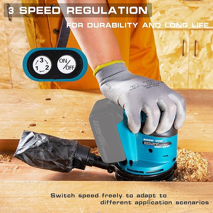 IRONFIST Random Orbit Sander, 5inch Sander Compatible with MAKITA 18V Batteries, 3 Speed 7000/9500/11000opm Adjustable with Dust Bag, Include 2000mAh Battery & Charger & 23pcs Accessories