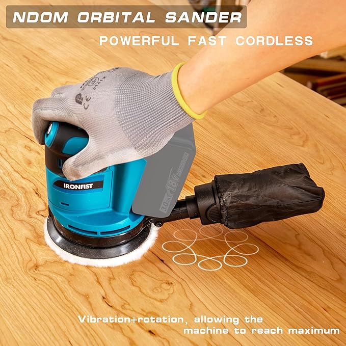 IRONFIST Random Orbit Sander, 5inch Sander Compatible with MAKITA 18V Batteries, 3 Speed 7000/9500/11000opm Adjustable with Dust Bag, Include 2000mAh Battery & Charger & 23pcs Accessories