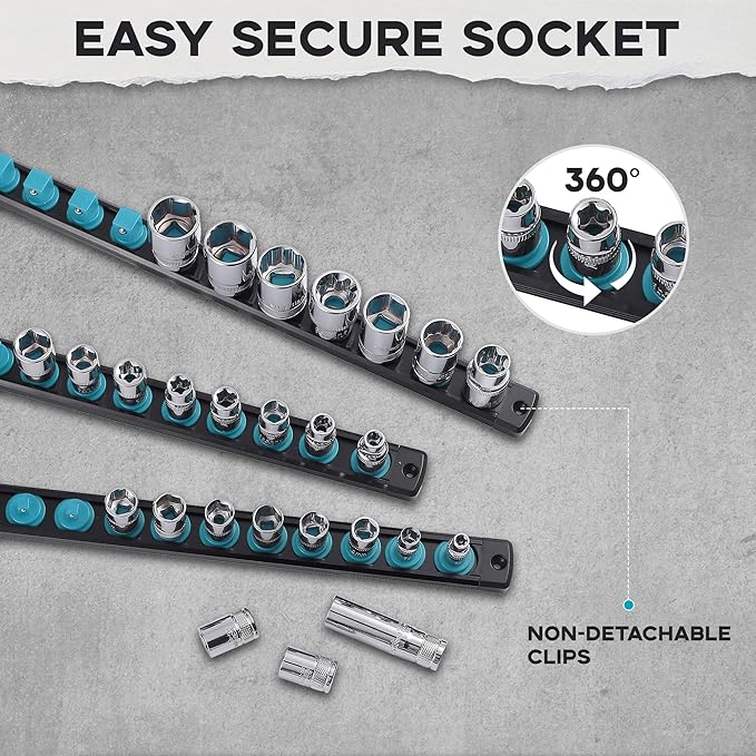 1/4-Inch Drive Magnetic Socket Organizer, Heavy Duty Aluminum Socket Rail Organizer, 360° Swivel Clips Socket Holder Kit for Tool Box, 1/4-Inch Socket Holder x 14 Clips (Aqua Blue)