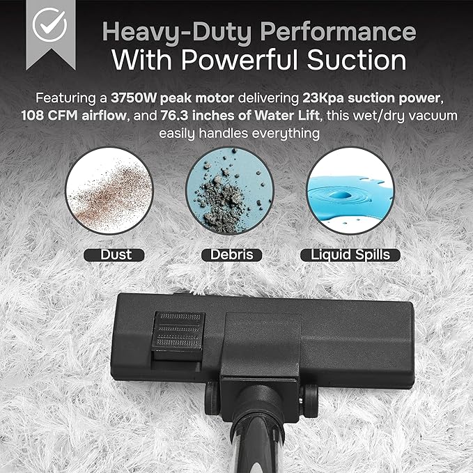 16 Gallon 4.5 Peak HP Wet/Dry Vacuum, Stainless Steel Tank, 3 in 1 Function Portable Shop Vacuum with Attachments, Ideal for Jobsite, Garage & Workshop.