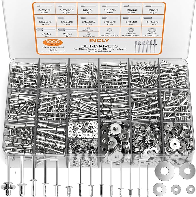 INCLY 1000PCS Aluminum Pop Rivets Assortment Kit, 14 Sizes Pop Rivets (3/32" 1/8" 5/32" 3/16" 1/4") with 5 Size 304 Stainless Steel Backup Washers, Assorted Blind Rivets for Metal with Storage Case